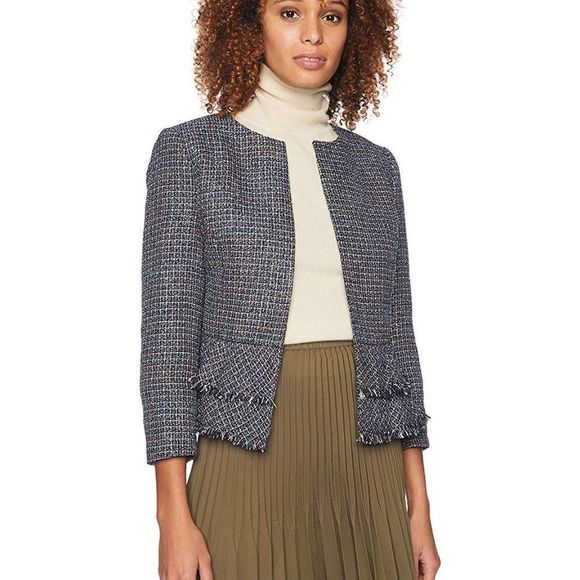 Nine West Blue Jewel Neck Ruffle‎ Bottom Tweed Detail Jacket Size 2 - Picture 1 of 7